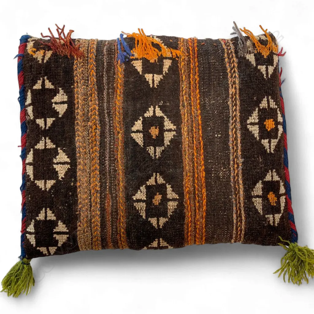 Bag (cushion) – wool, - pile/flatweave - Beluch - red/blue side braids – tasselled. 44 x 35cm Image 1++